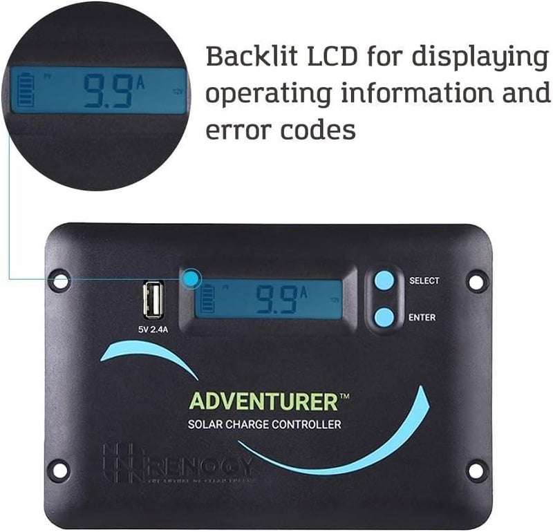Renogy وحدة تحكم الطاقة الشمسية Adventurer-Li 30A - تصميم مدمج لجدران RV/المخيمات، شاحن PWM تلقائي 12V/24V، شاشة LCD، متوافق مع بطاريات الليثيوم وAGM/جل - Image 3